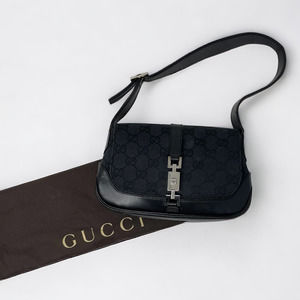 SOLD Gucci Jackie GG Mini Piston Hobo Flap Shoulder Bag Canvas Leather Black